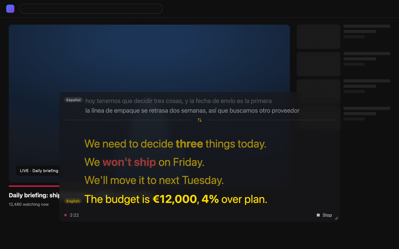 The LiveLingo Chrome extension showing a Spanish speaker's words as live English captions over a browser tab